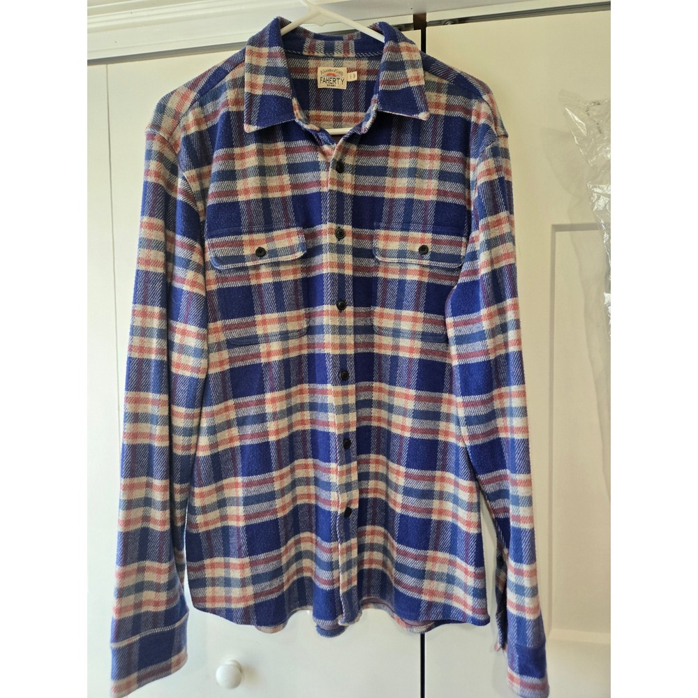 Faherty Movement Flannel Shirt Mens Large Blue Red Plaid Stretch MXF2307-NSI